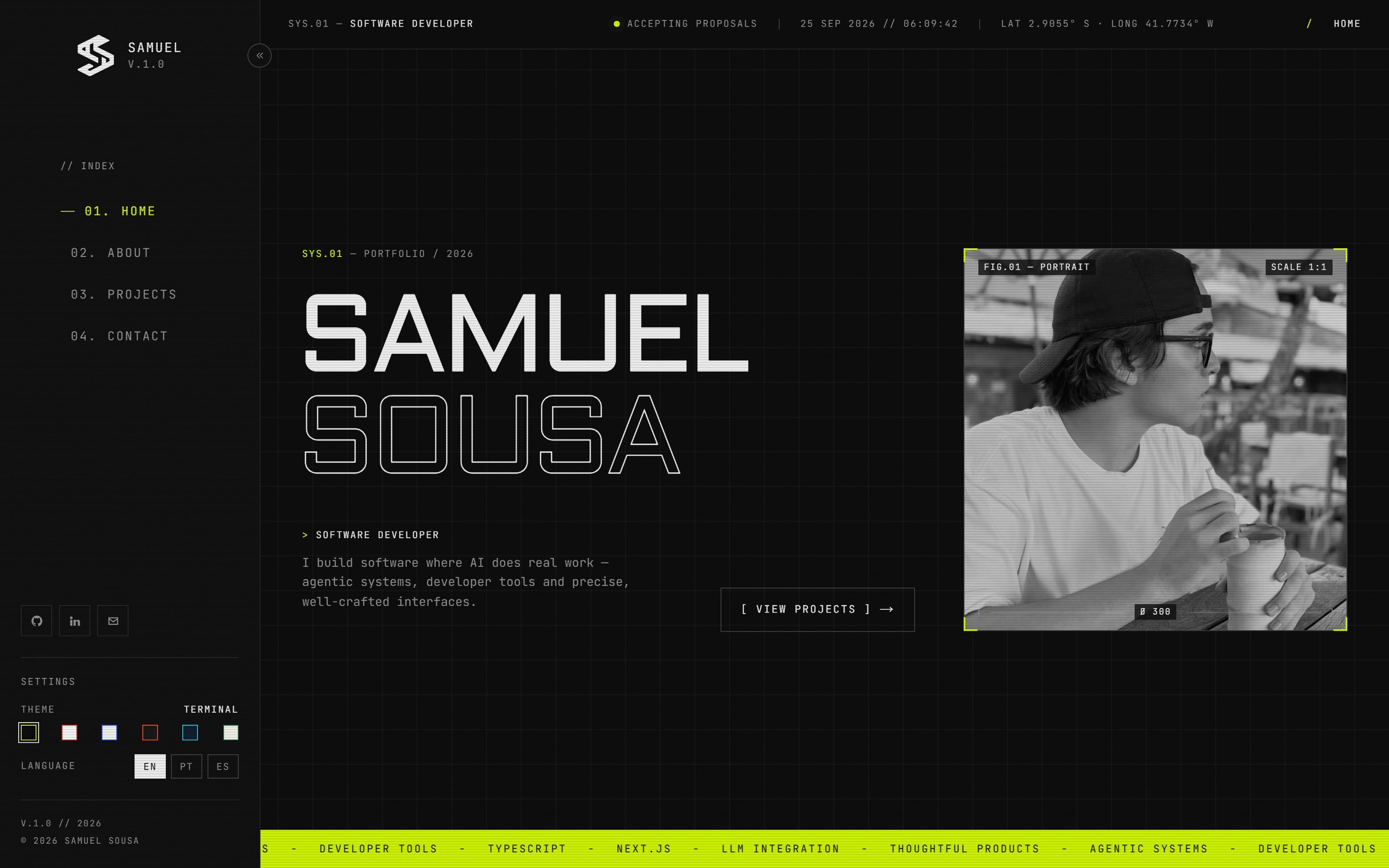 Home page of the portfolio in the TERMINAL theme