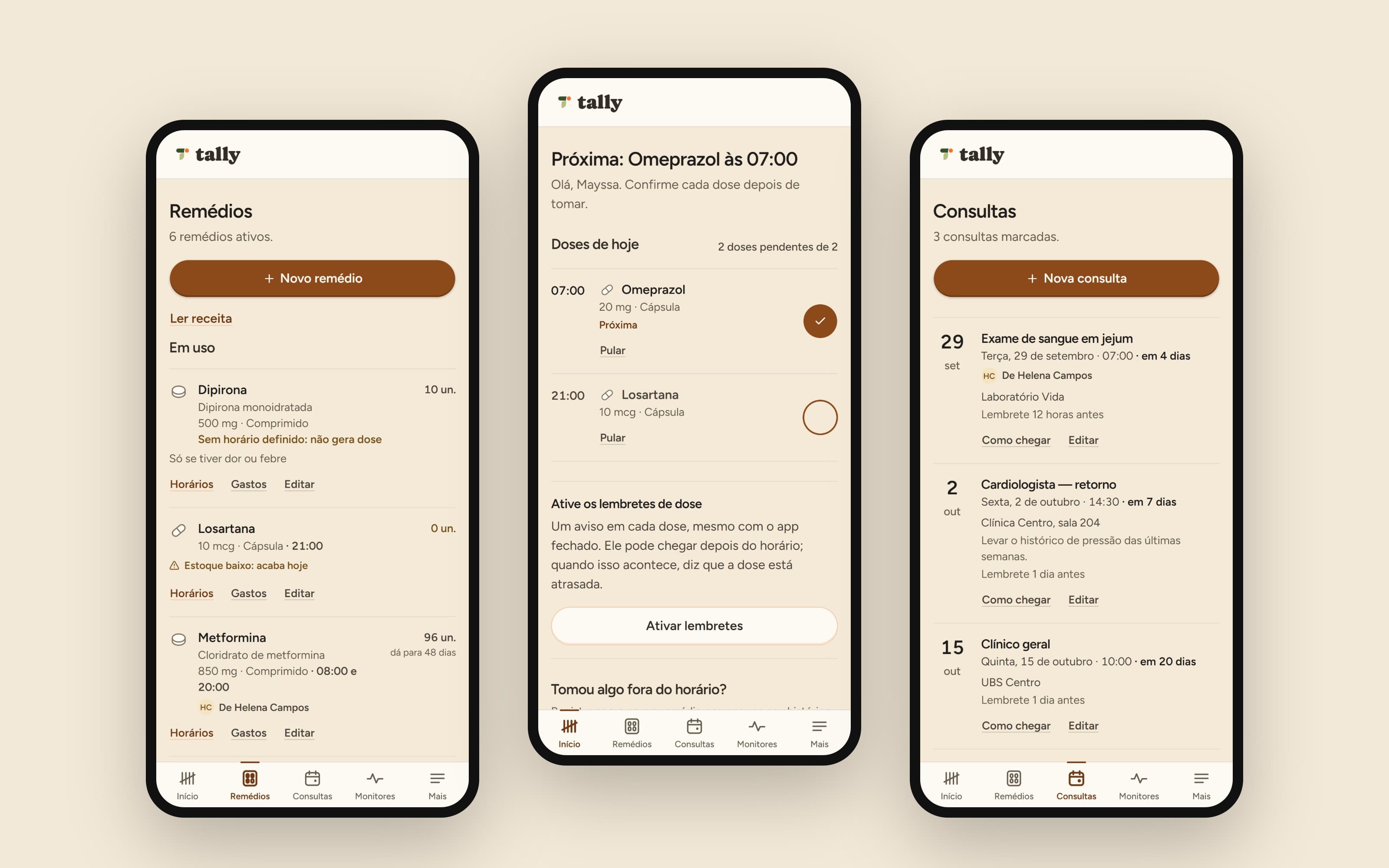 Three Wellnessy screens on phones (demo data)