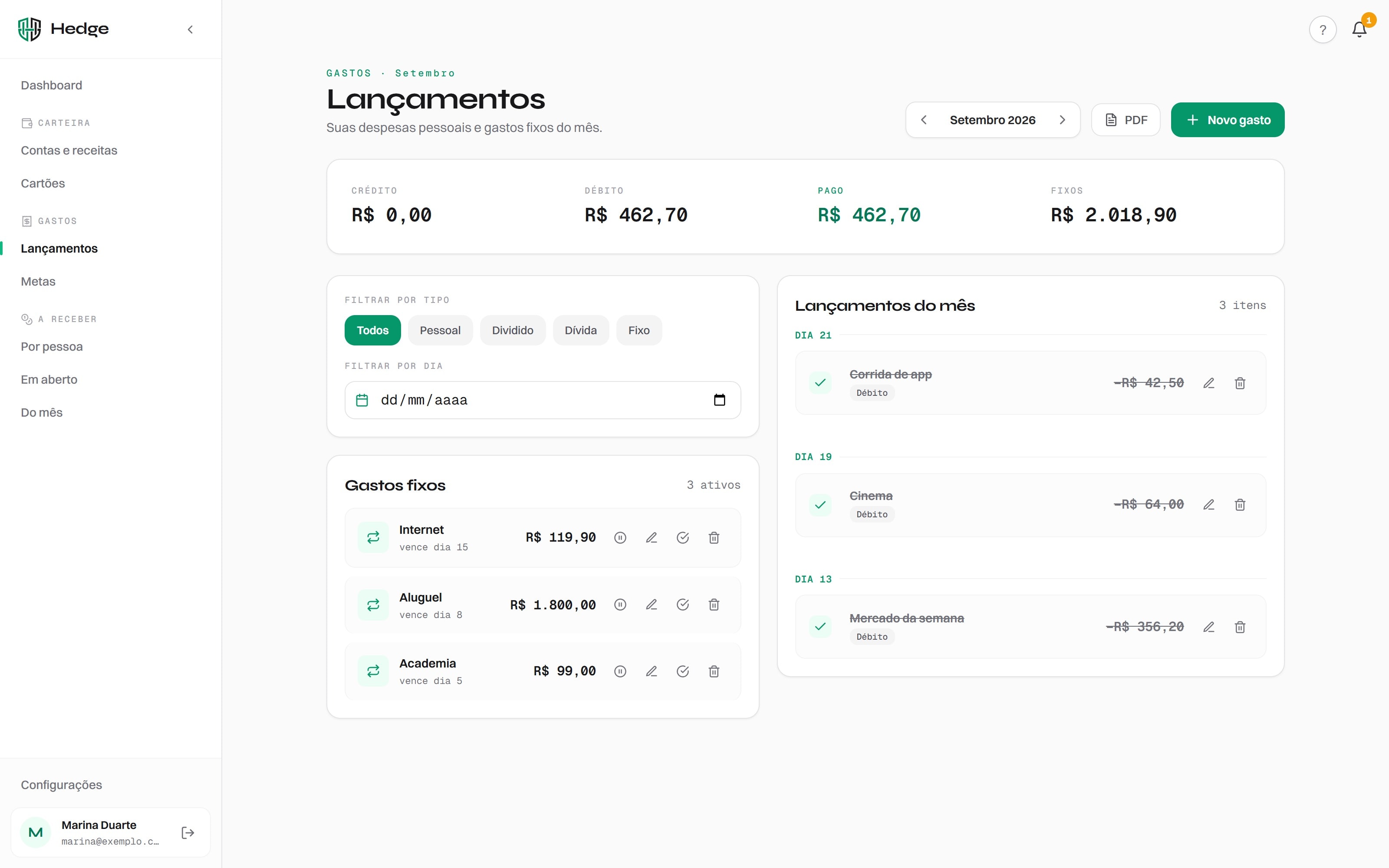 Hedge — Expenses (demo data)