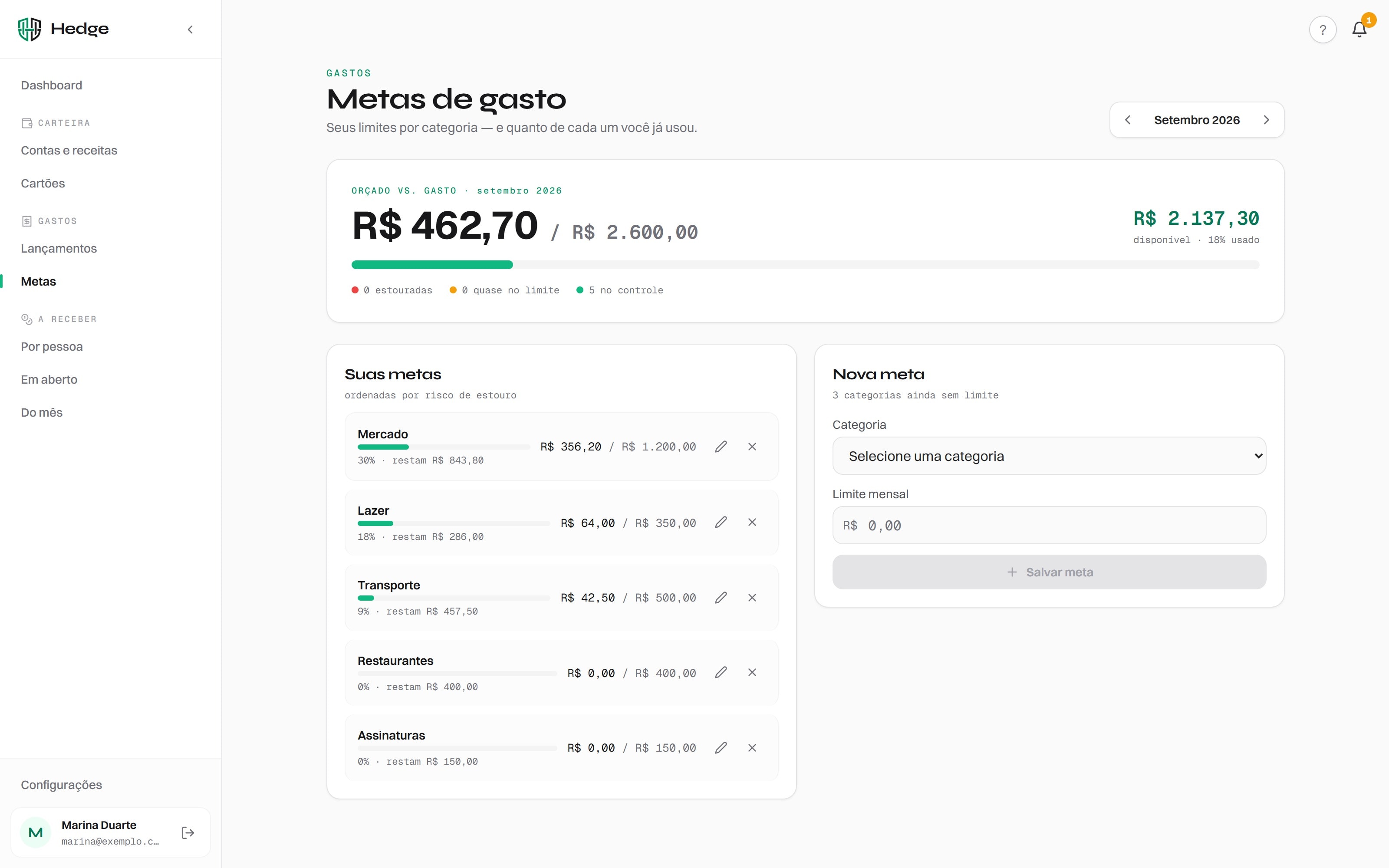 Hedge — Spending goals (demo data)