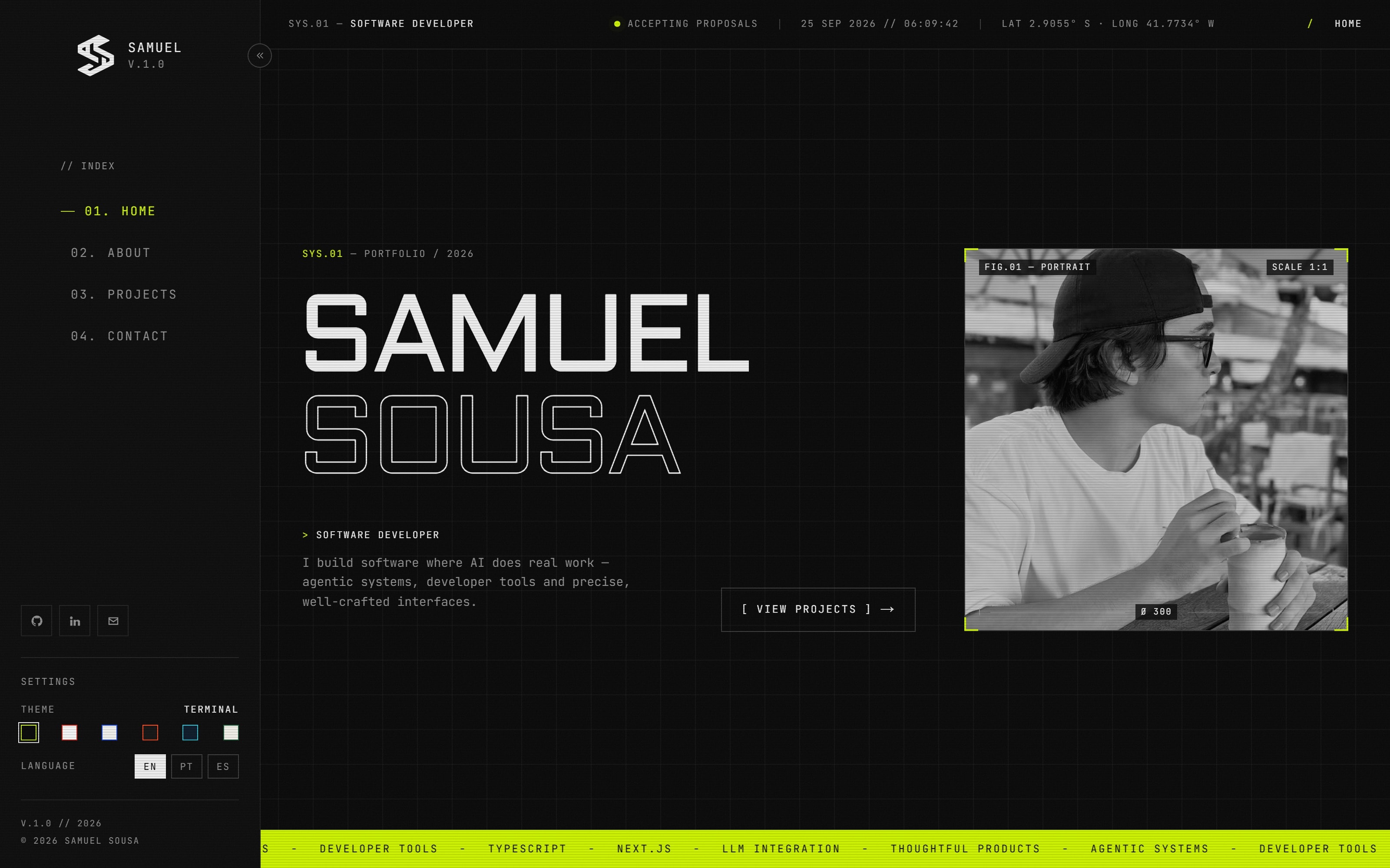 Home page of the portfolio in the TERMINAL theme