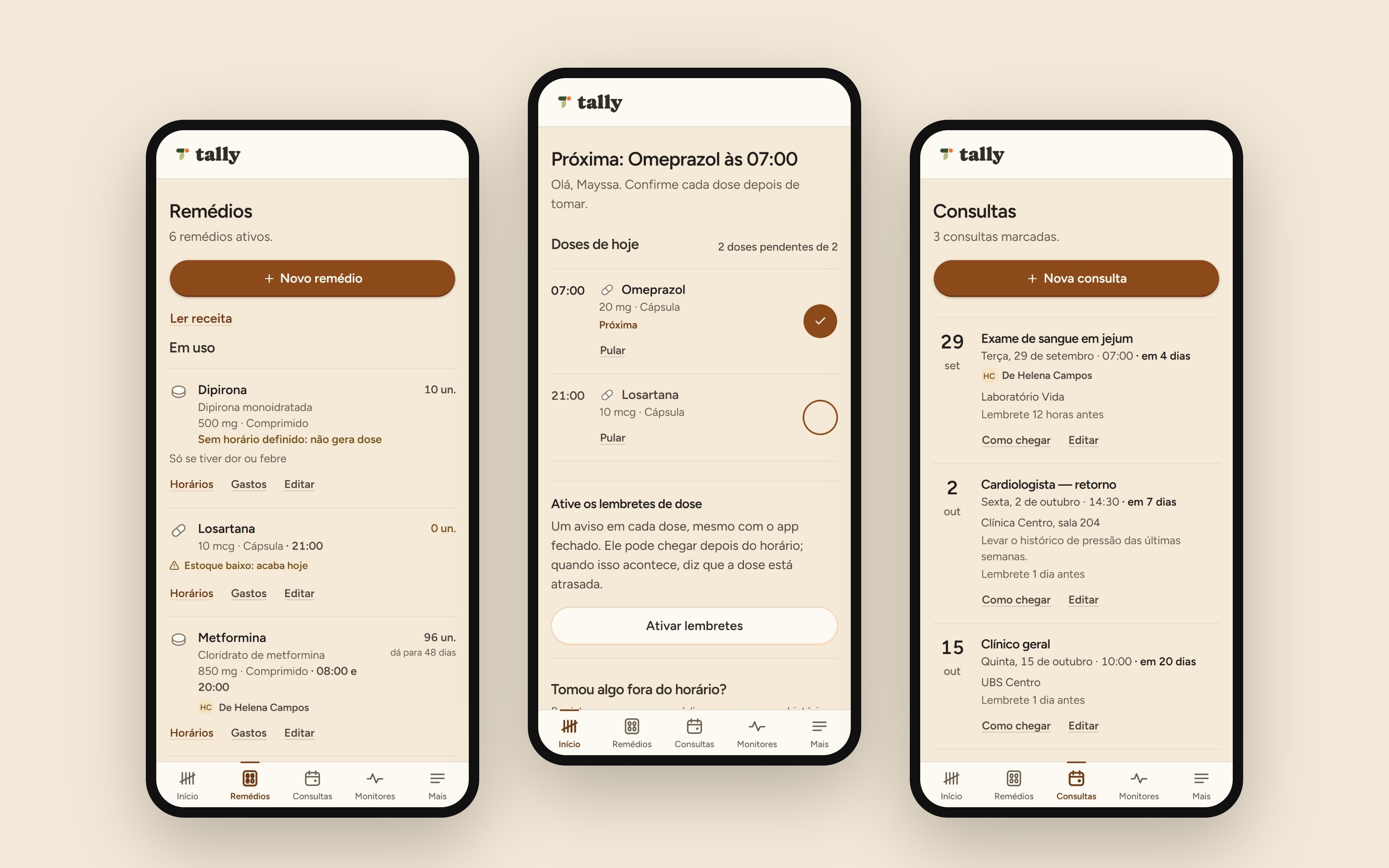 Three Wellnessy screens on phones (demo data)